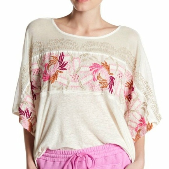 Free People Love Letter Linen Blend Embroidered T-shirt, - Picture 2 of 7